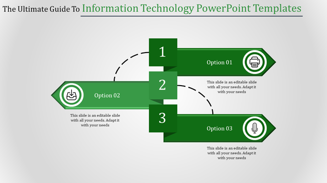 Green vertical step diagram with three numbered options, each linked to text boxes and icons on both sides.