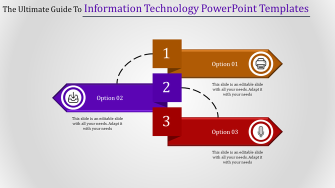 Information technology PPT template with colorful three numbered options, each with icons and text placeholders.