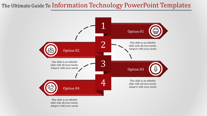Information technology PowerPoint template with a red four step layout featuring numbered options and icons.