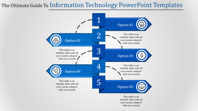 Information technology flowchart with numbered steps 1 to 5, aligned vertically and paired with icons on blue banners.