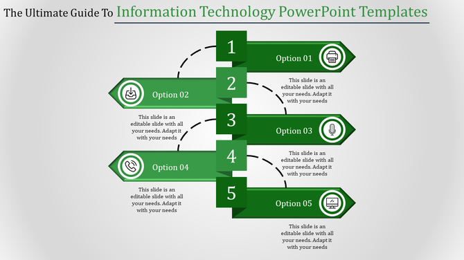 Green PowerPoint template with five options for different technology related topics with icons.