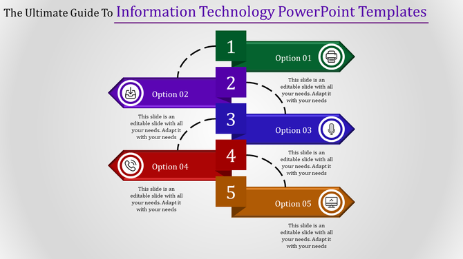 A vertical infographic with five colored options and icons for an information technology PowerPoint template.