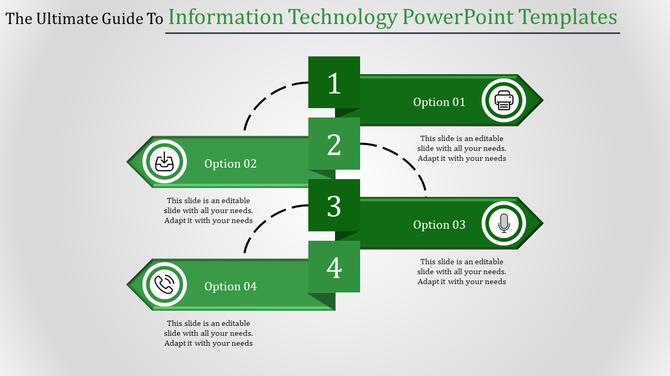 Information technology template with four green steps numbered 1 to 4, with arrows pointing to horizontal text blocks.