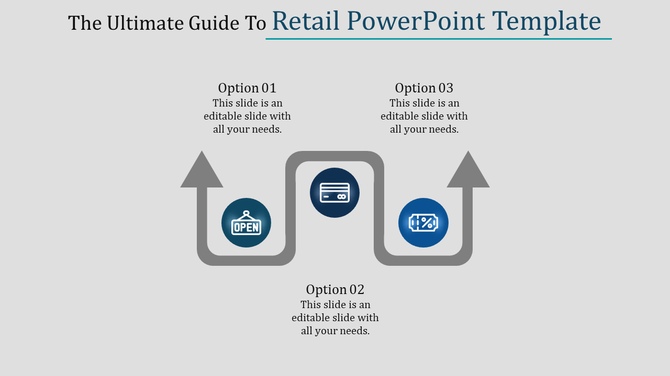 Retail themed slide with a gray curved arrow and three blue icons representing open store, payment, and sales discount.