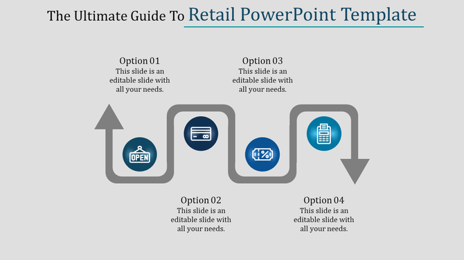 Gray wavy line with four blue circular icons representing retail steps, labeled with captions.