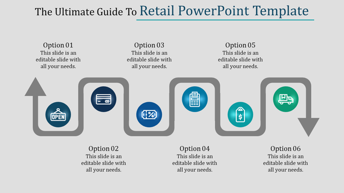 Retail PPT slide featuring six options with associated icons for business processes such as opening, payment, and shipping.