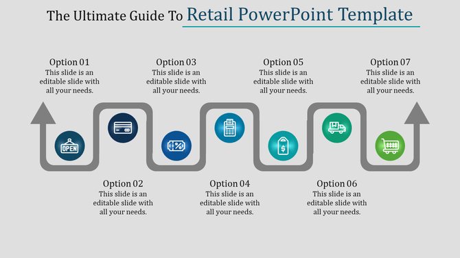 A retail PowerPoint template featuring seven stages with icons for open, payment, pricing, shipping, and shopping cart.