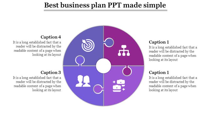 Purple themed circular infographic showing four sections with business related icons and captions.