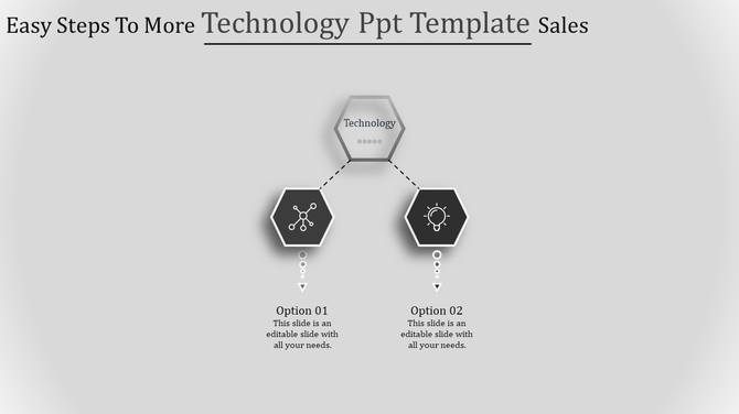 Monochrome flowchart design with two labeled hexagons, each containing technology related icons and descriptions.