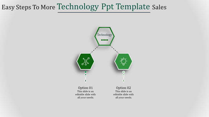 PowerPoint template with a Technology header and two hexagonal sections labeled Option with icons.