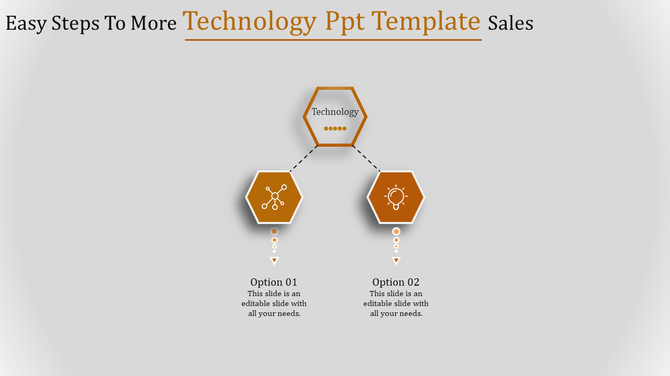 Central hexagon labeled technology connected to two orange hexagons with icons and captions below.