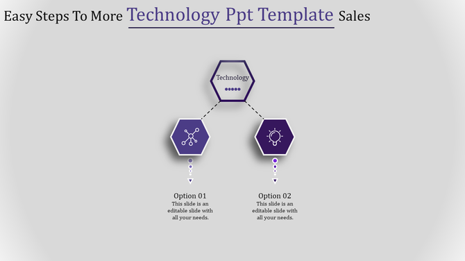 PowerPoint slide for technology featuring hexagonal icons and two options for content.