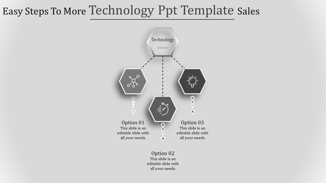 Black and white technology PowerPoint template with hexagon icons for different options.