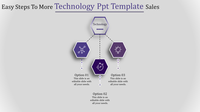 Infographic with a central technology hexagon connected to three hexagonal options labeled 01, 02, and 03.