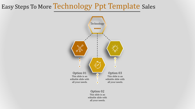 Yellow hexagon-based technology diagram with a central node branching into three connected options.