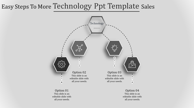 Grayscale infographic with central technology hexagon and four linked options featuring gears, network, bulb, and map icons.