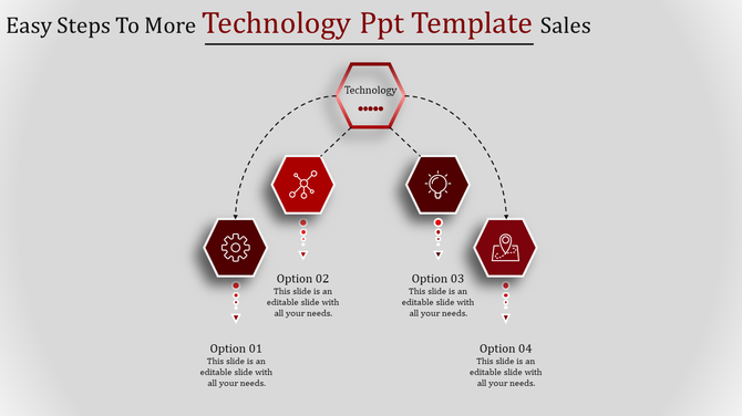 PowerPoint slide featuring technology hexagonal shaped icons with text options.