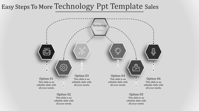 Hexagonal layout with six gray and black options, connected to a central technology hexagon at the top.