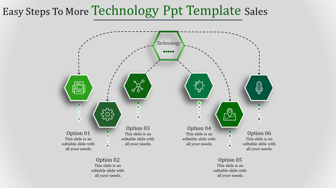 Technology flowchart with six green hexagons, each representing icons from a printer and microphone.