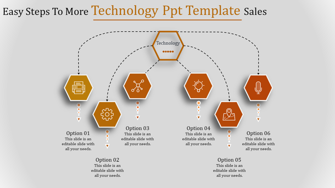 Professional orange layout with six hexagonal steps, featuring business icons, and dotted lines leading to a central header.