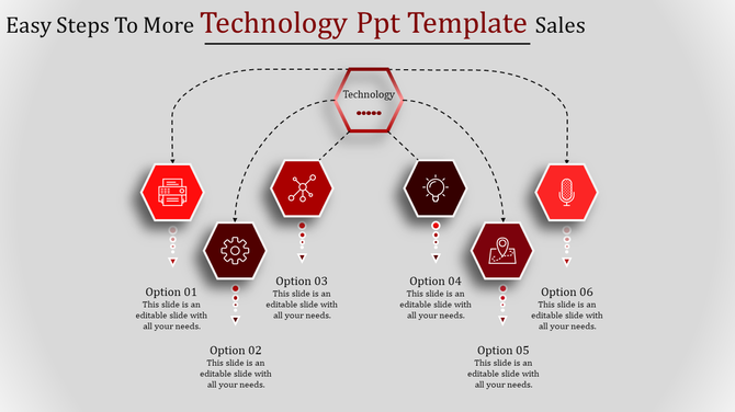 Hexagon-based technology infographic with a central red node branching into six options, each with technology icons.
