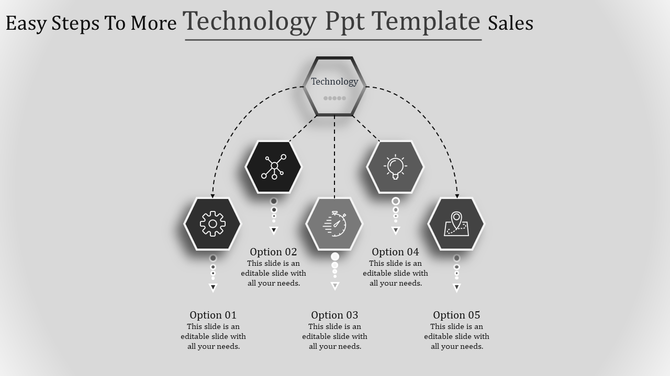Black and white technology PowerPoint template with five options connected by lines with placeholder text.