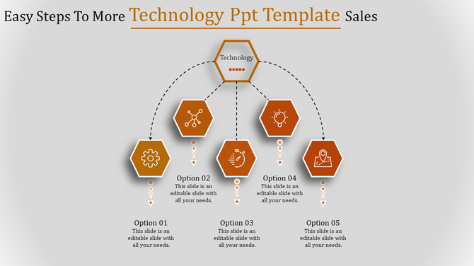 PowerPoint template with a technology header and five hexagonal sections labeled Options and icons.