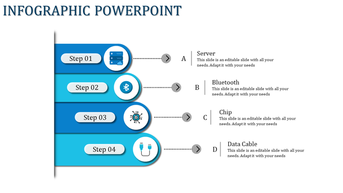 A blue infographic slide featuring a four step process with corresponding icons for server, Bluetooth, chip, and data cable.