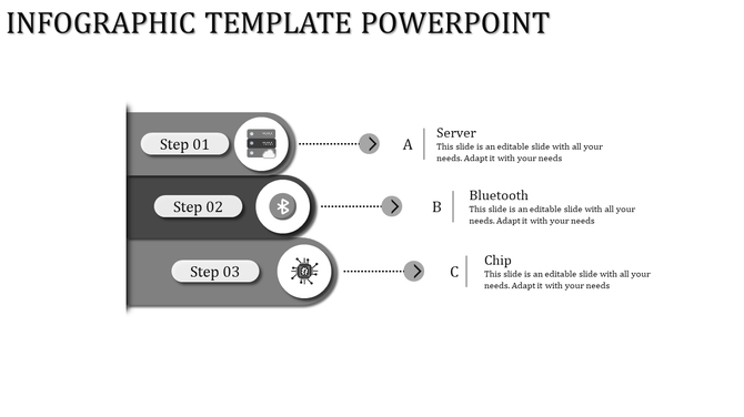 Monochrome infographic with three vertical steps labeled server, bluetooth, and chip in grayscale placed in white background.