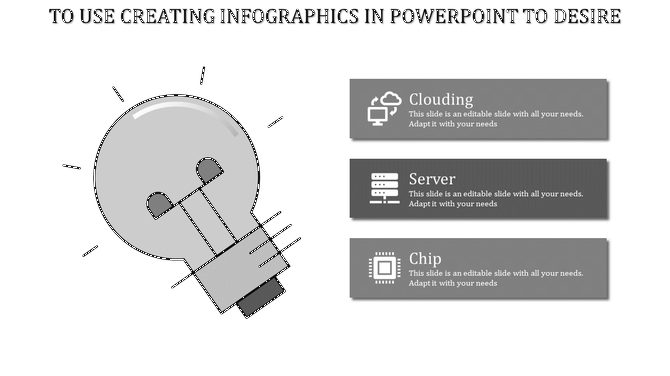 Infographic PPT slide featuring a grey lightbulb icon with captions for clouding, server, and chip topics with icons.