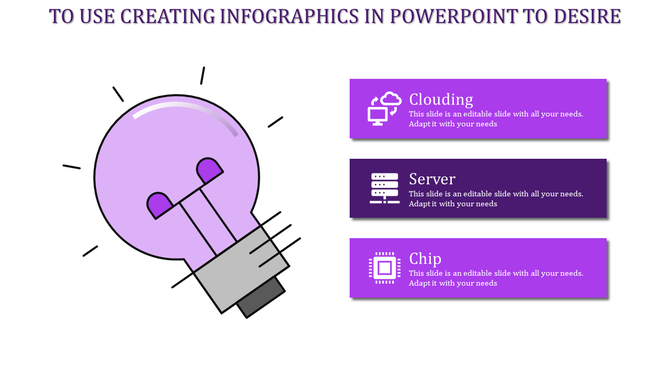 Infographic PPT slide featuring a purple lightbulb icon with captions for clouding, server, and chip topics with icons.
