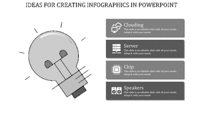 Infographic PowerPoint design with a lightbulb graphic and sections for Clouding, Server, Chip, and Speakers in gray.