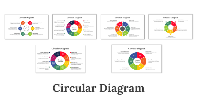 A collection of six circular diagram slides for business presentations with different color schemes and content arrangements.