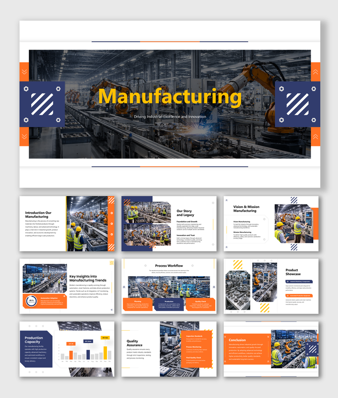Modern manufacturing template showcasing robotics, automation, workflow, quality control, and production insights.