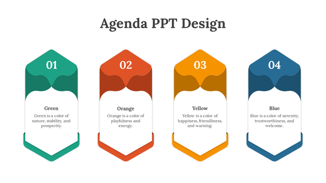 Agenda design with four color-coded sections labeled 1 to 4, highlighting attributes of each color.
