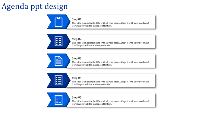 Agenda PPT slide with five steps, each featuring a blue icon and text description on white rectangular boxes.