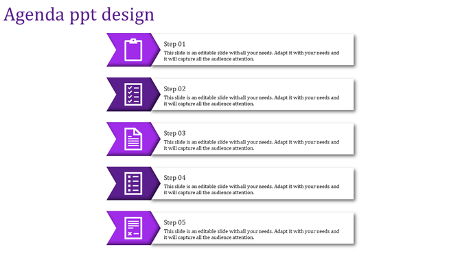 Process flow agenda slide featuring five horizontally aligned steps with purple icons and text sections.