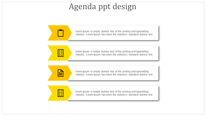 Four step yellow agenda slide with icons and white text boxes aligned horizontally.