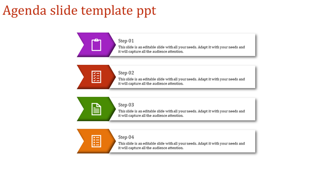 Four step agenda template with purple, red, green, and orange arrows pointing right and white text boxes.