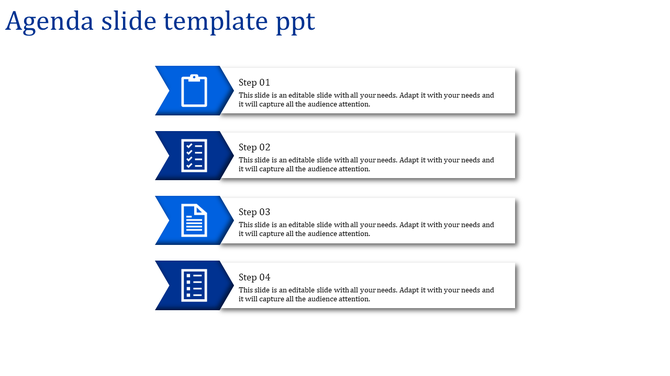 Agenda PPT slide featuring four blue arrow icons paired with text boxes labeled Step 01 to Step 04.