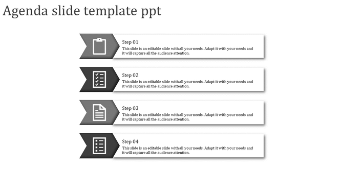Agenda template in grey with four horizontal steps, each featuring a black icon on the left and text on the right.