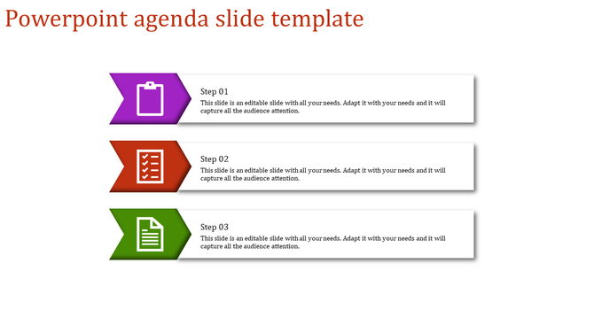 Three step agenda PPT slide with purple, red, and green arrow shaped icons paired with descriptive text boxes.