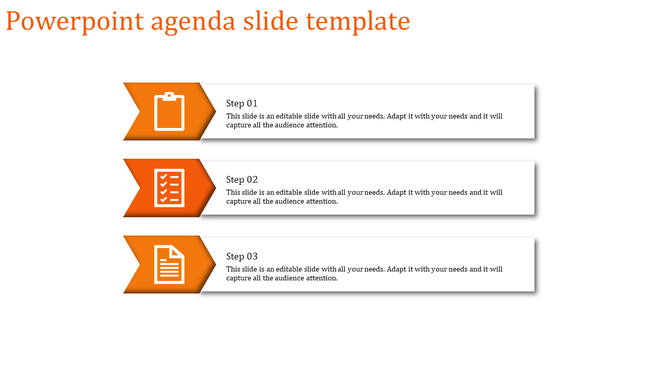 Agenda PPT slide with three orange arrow icons representing steps, paired with text boxes for descriptions.
