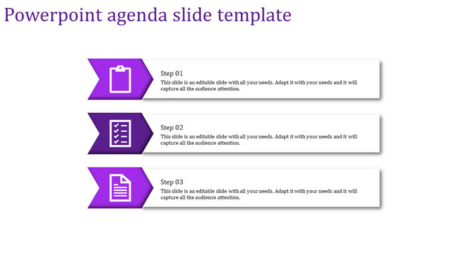 Modern agenda slide in purple, displaying three sequential steps with clipboard, checklist, and document icons.