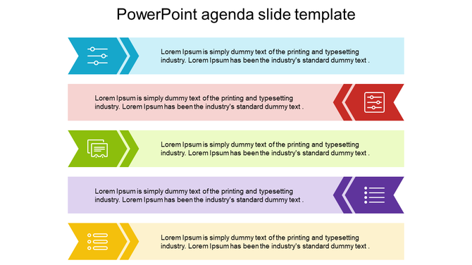 Agenda slide with colorful horizontal arrows in blue, red, green, purple, and yellow, each with text and icons.