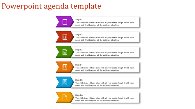 Six step agenda template with purple, red, green, orange, blue, and yellow arrows containing icons and text.