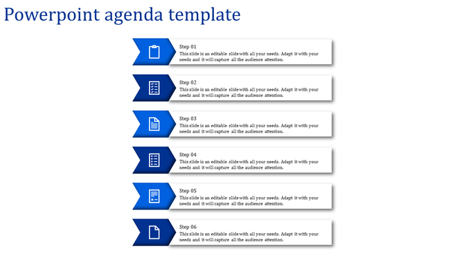 Agenda PPT slide with six blue arrow icons representing steps, paired with descriptive text boxes.