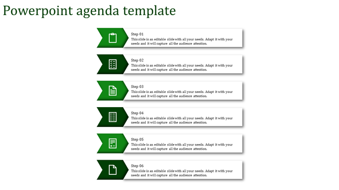 Agenda slide featuring six steps with green arrow-shaped icons, each paired with text boxes for descriptions.