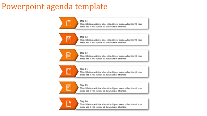 Agenda slide with six orange arrow shapes containing icons and text, arranged vertically, on a white background.