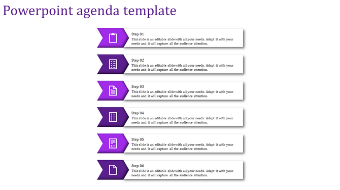 Agenda PPT slide with six purple arrow icons representing steps, paired with descriptive text boxes.